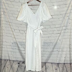 Lilly Pulitzer White Puff Sleeve V-Neck Jumpsuit with Waist Tie Size 14